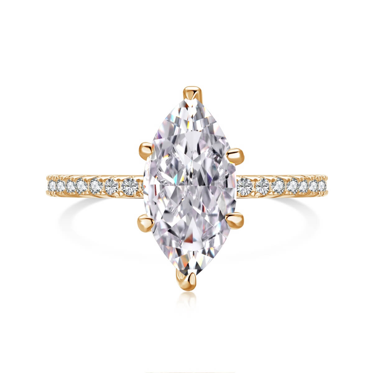 A marquise-shaped Cubic Zirconium ring with smaller stones set in a semi-full pavé band, with a champagne gold finish.