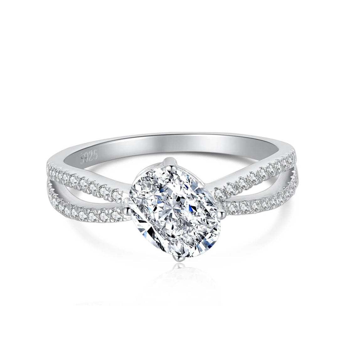 An oval-shaped ring with a main crushed-ice cubic zirconium stone, featuring a twisted double pavé band with smaller stones, set against a white background.