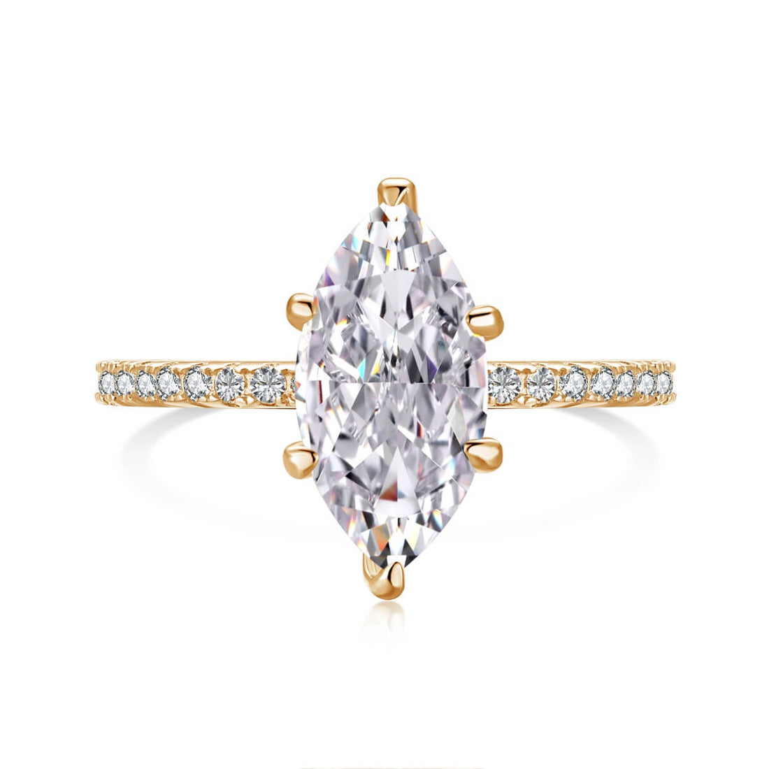 A marquise-shaped Cubic Zirconium ring with smaller stones set in a semi-full pavé band, with a champagne gold finish.