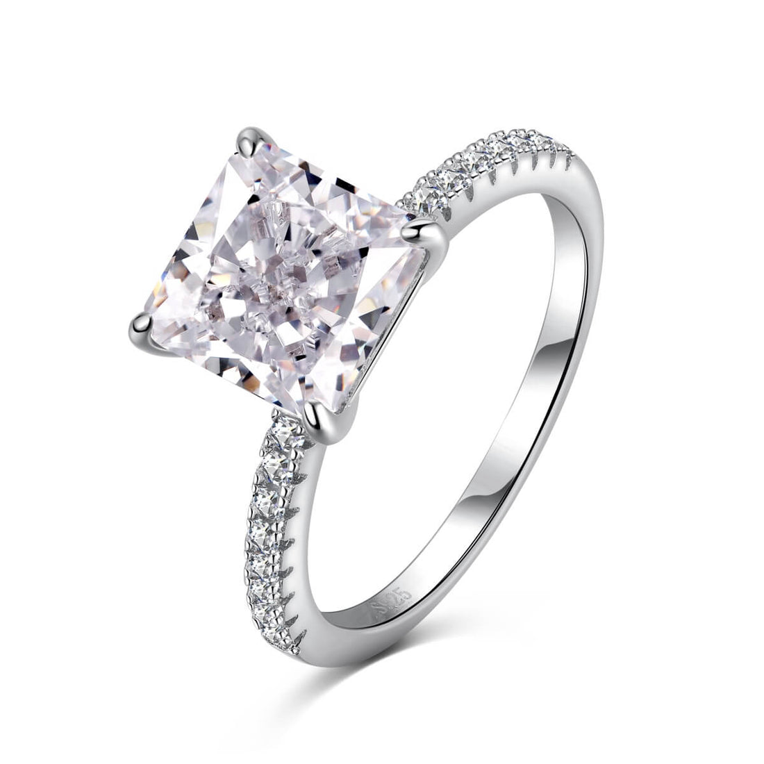 A sterling silver engagement ring with a square-cut white cubic zirconia stone and a half micro-pavé band.